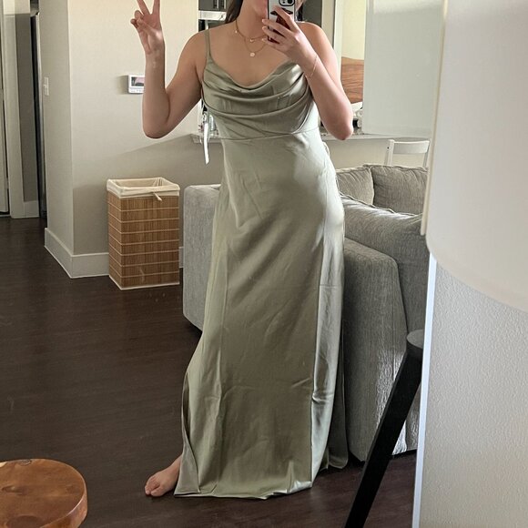 Revelry Satin Gown in Silver Sage - Picture 5 of 8